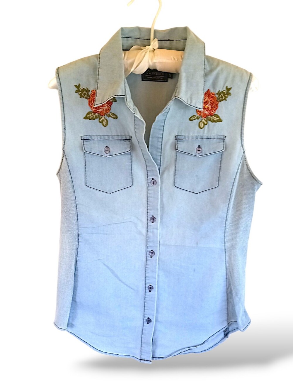 Cavalini Light Blue Denim Top Embroidered Red Rose Shoulder Chambray Button Down